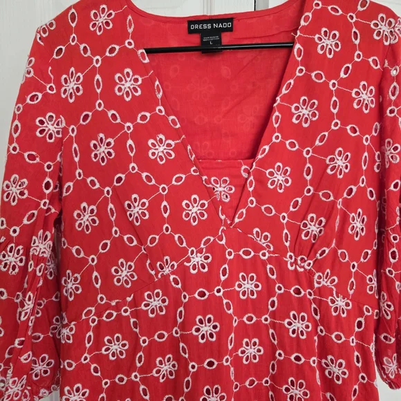 Vibrant Orange Red V-Neck Puff Sleeve Sundress - Picture 6 of 13